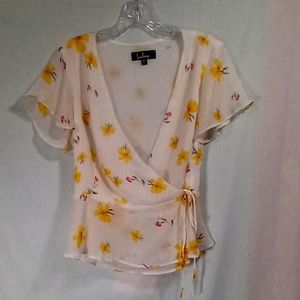Lulus White Floral Short Sleeve Wrap Top Size M